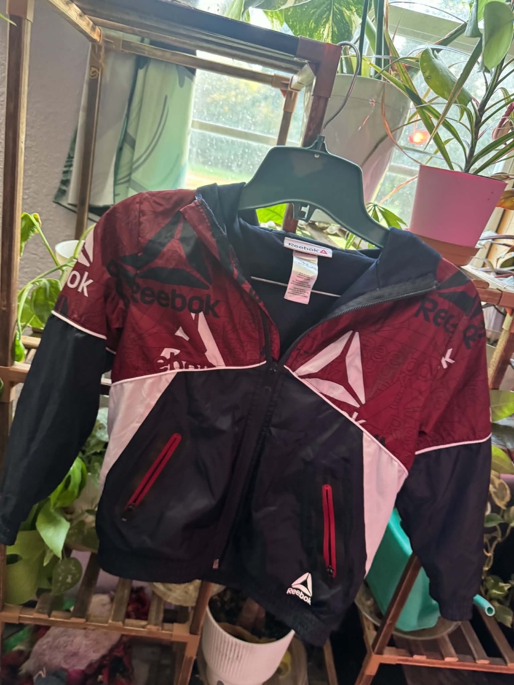 Reebok Kids Maroon, Black & White Hooded Windbreaker Jacket